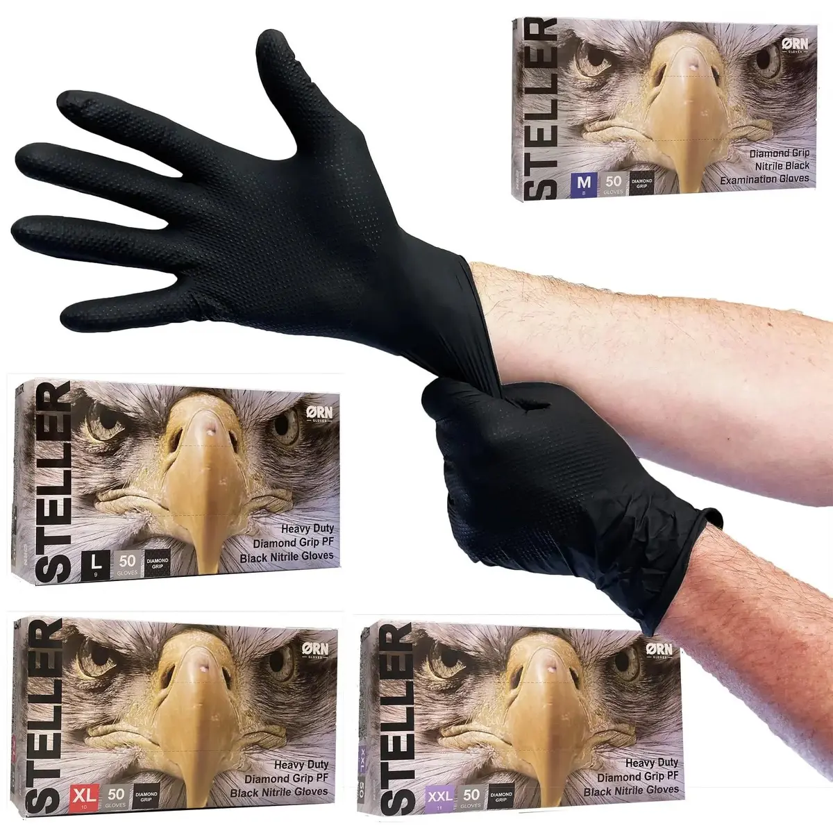 Orn Nitrile Disposable Gloves Steller Diamond Grip Black Powder Latex Free 50 Box -Choose Size 1