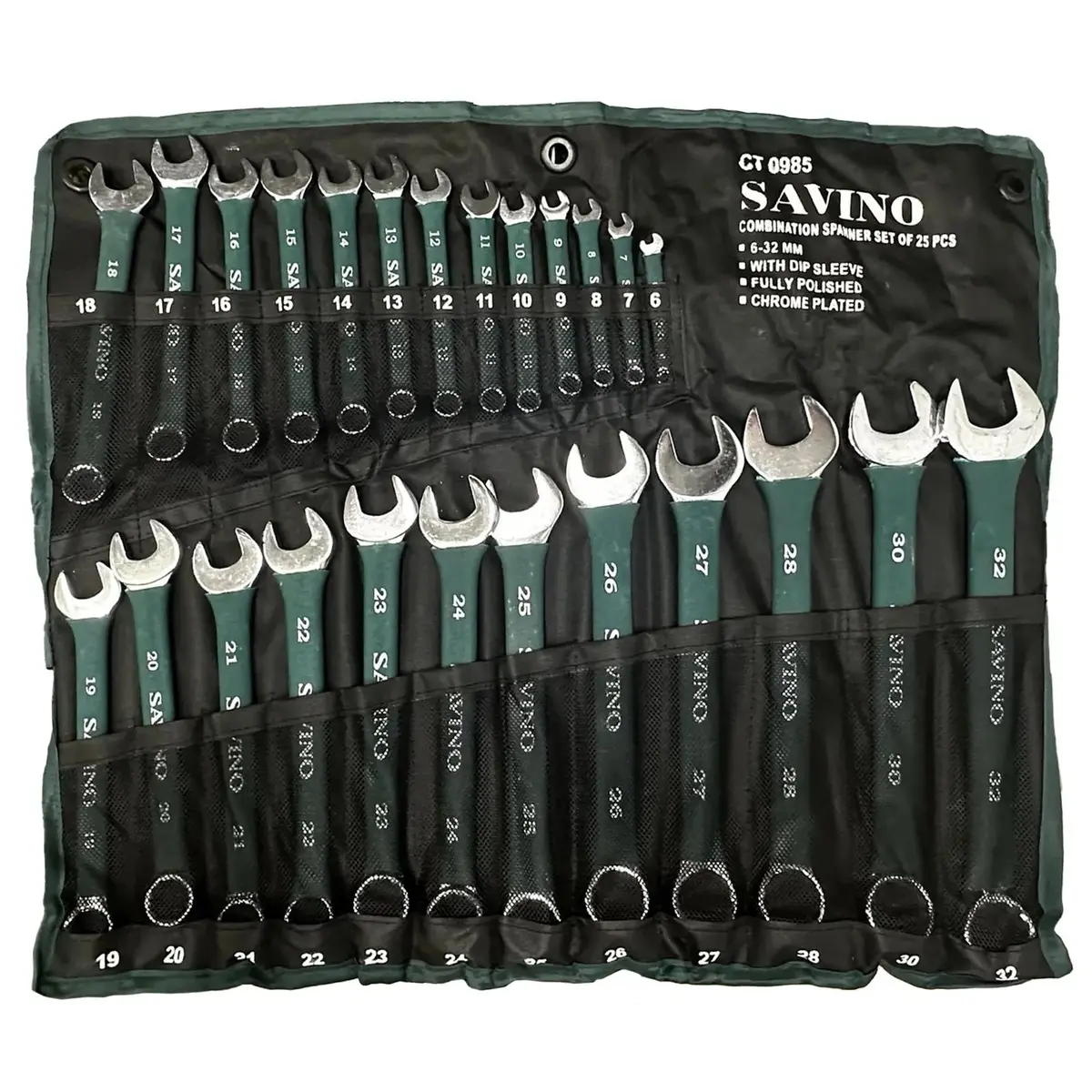 Savino Combination Spanner Set 6-32Mm In Tool Roll 25 Piece Green Soft Grip Handle 1