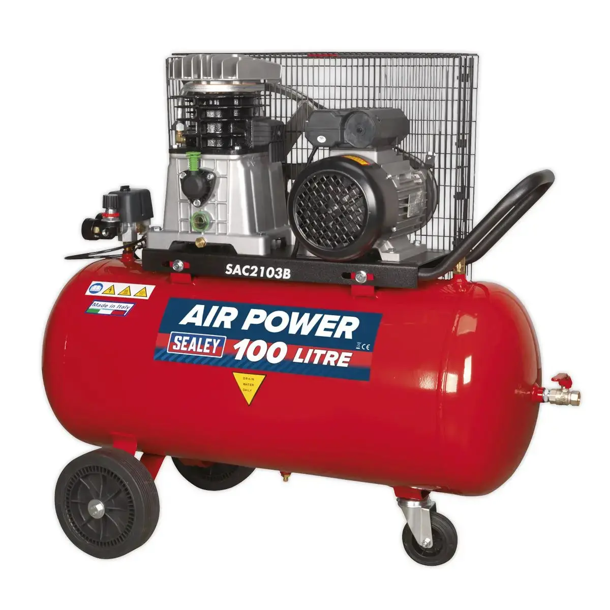Sealey 100L Belt Drive Air Compressor With Cast Cylinders & Wheels 3Hp 1