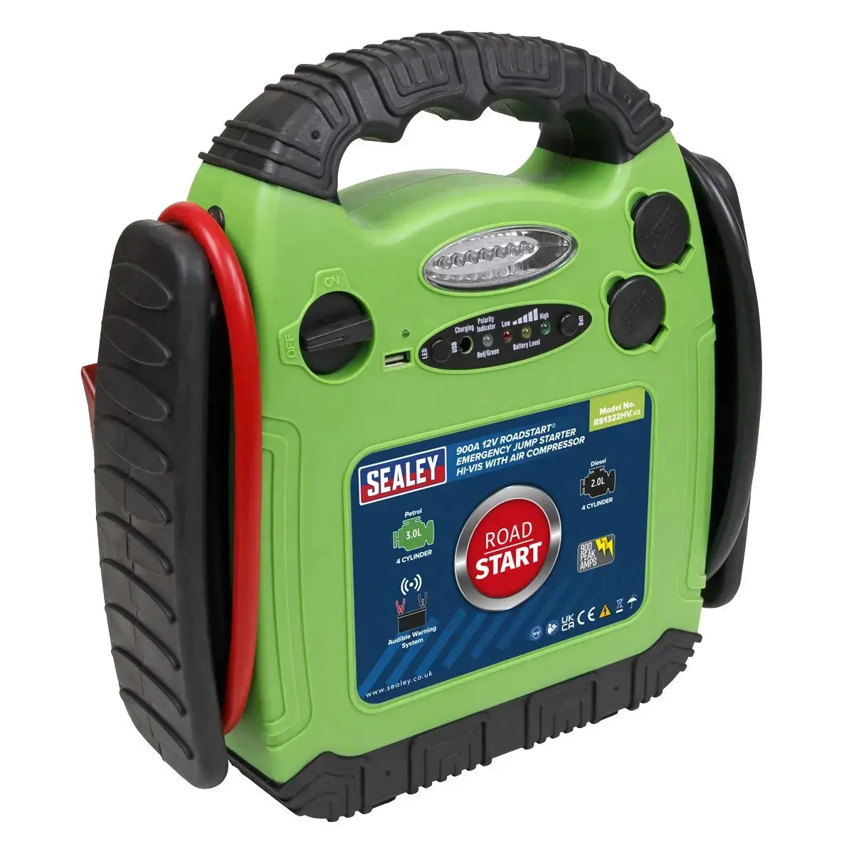Sealey 12V Roadstart Emergency Power Pack 900 Peak Amps With Air Compressor Hi-Vis 1