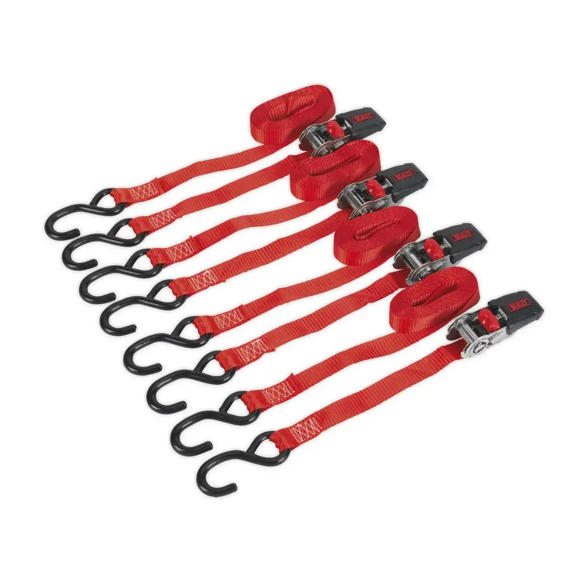 Sealey 2 Pairs 25Mm X 4M Ratchet Tie Down Cargo Lash With S Hooks 800Kg Securing 1