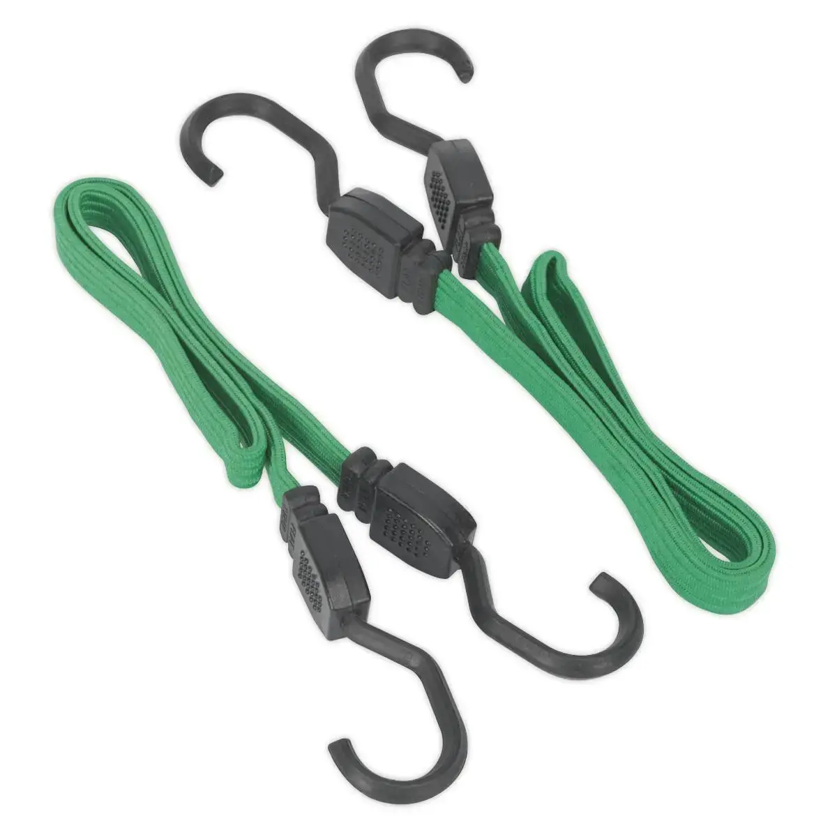 Sealey 2 Piece Flat Bungee Cord Set Green 610Mm-1300Mm Heavy-Duty Steel Hooks 1