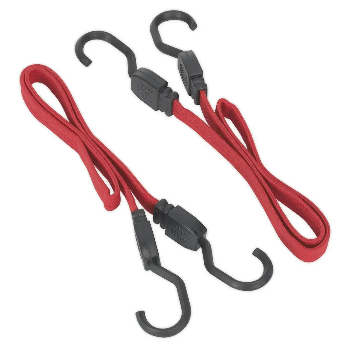 Sealey 2 Piece Flat Bungee Cord Set Red 760Mm-2000Mm Heavy-Duty Steel Hooks Tie 1