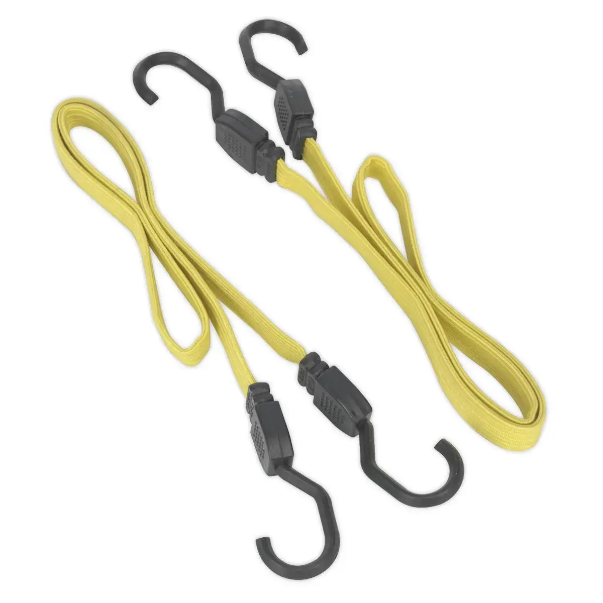 Sealey 2 Piece Flat Bungee Cord Set Yellow 910Mm-2200Mm Heavy-Duty Steel Hooks 1