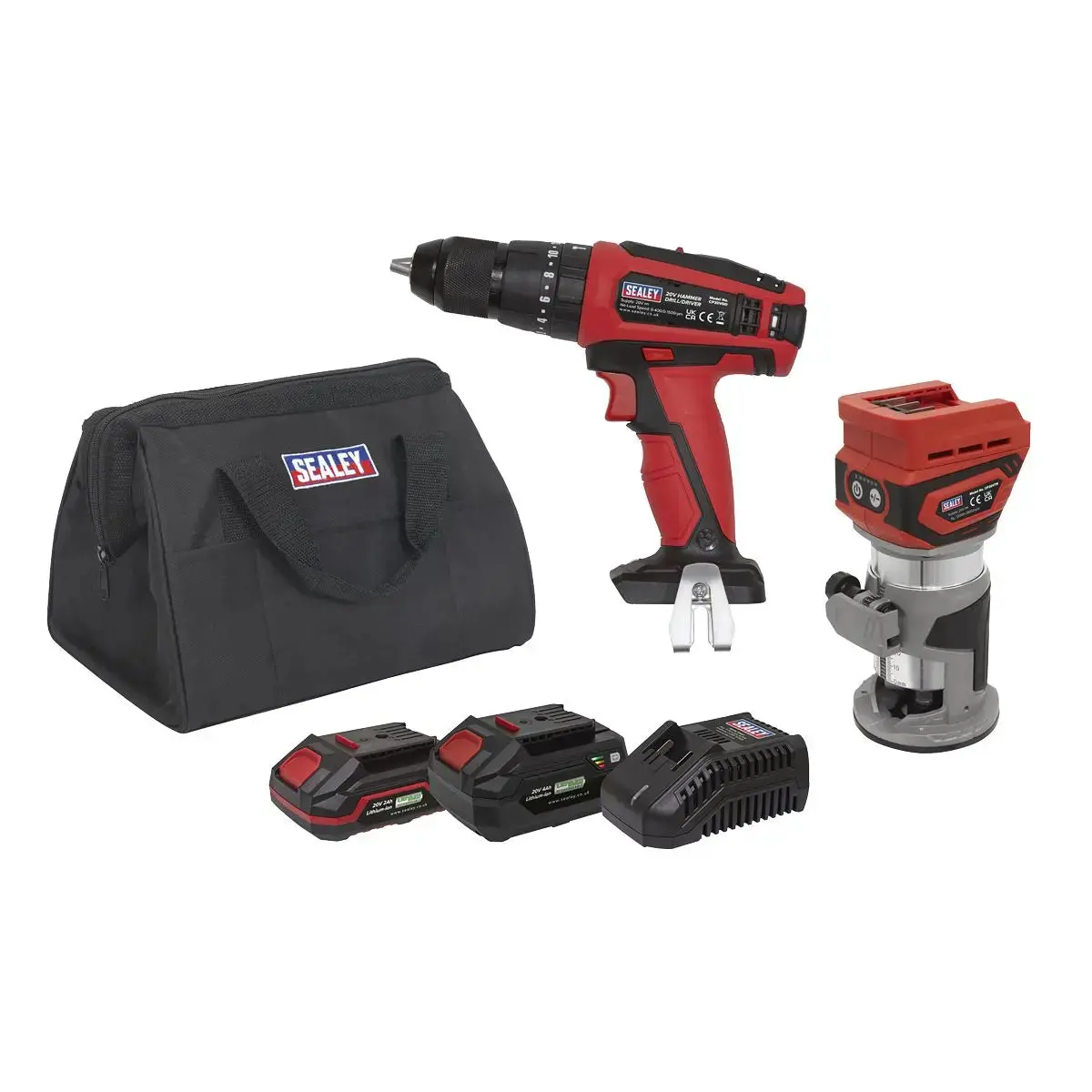 Sealey 2 X 20V Sv20 Series Cordless Router & Combi Drill Kit - 2 Batteries 1