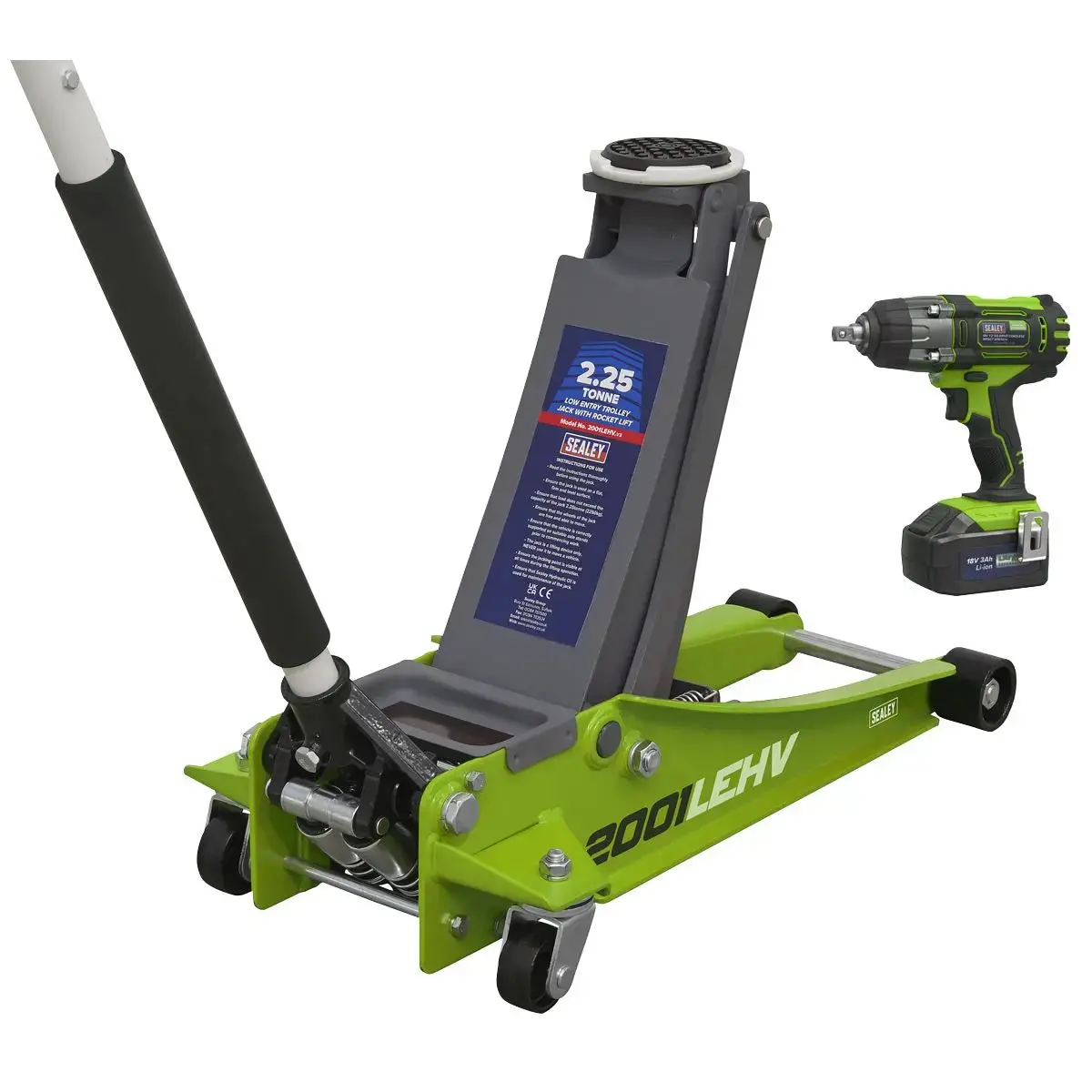 Sealey 2.2 Tonne Trolley Jack & 18V Cordless Impact Wrench - Green 1