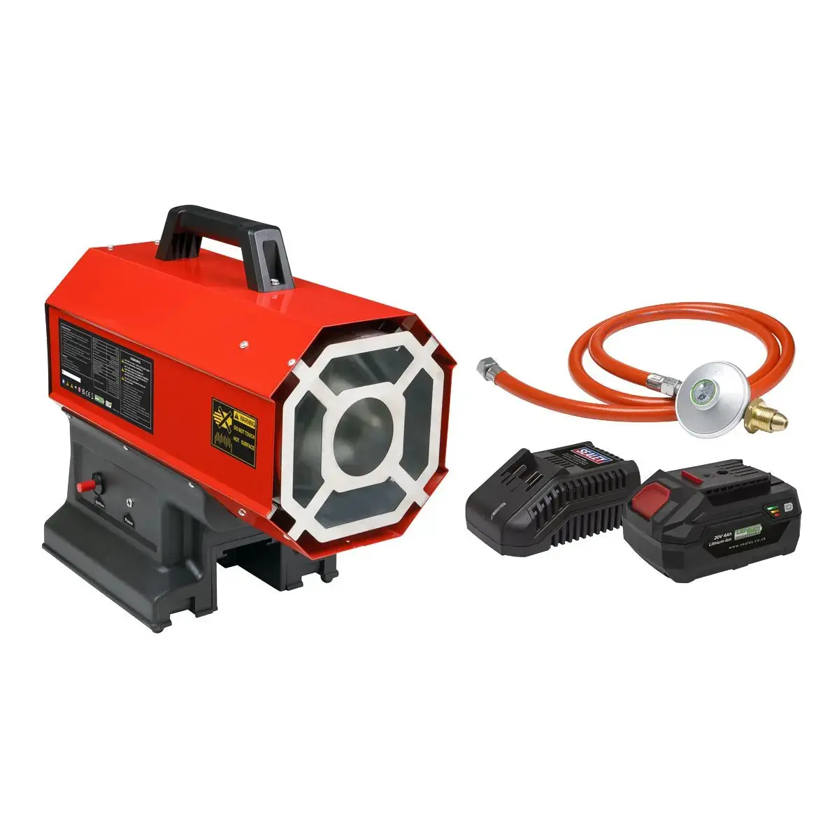 Sealey 230V Space Warmer® Propane Heater 30,000-68,000Btu/Hr (9-20Kw) With 20V 4Ah Kit 1