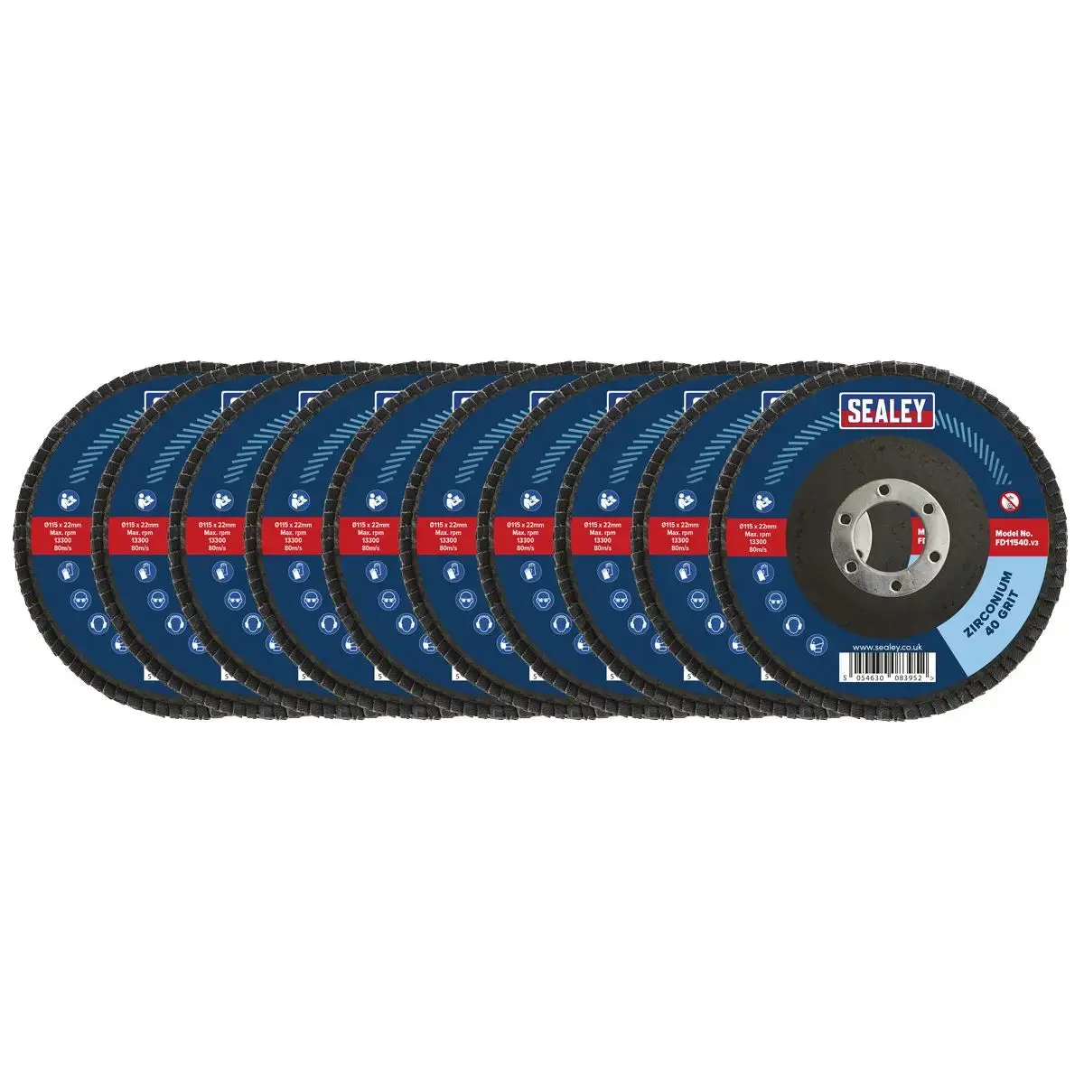Sealey 40Grit Flap Discs Zirconium Ø115mm Ø22mm Bore - Pack Of 10 1