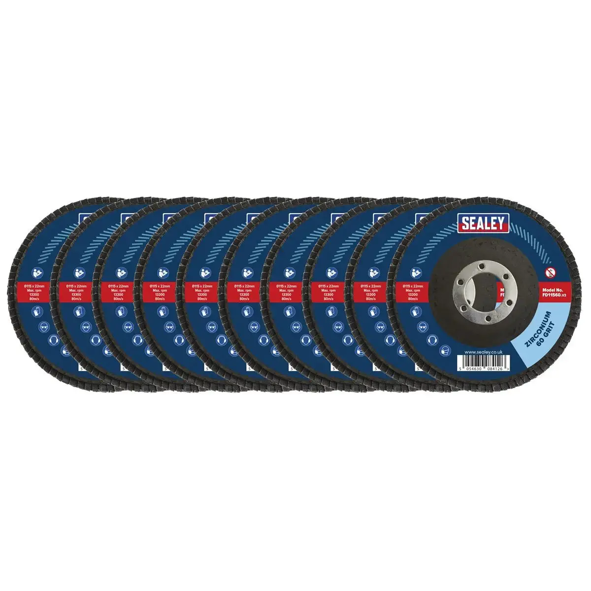 Sealey 60Grit Flap Discs Zirconium Ø115mm Ø22mm Bore - Pack Of 10 1