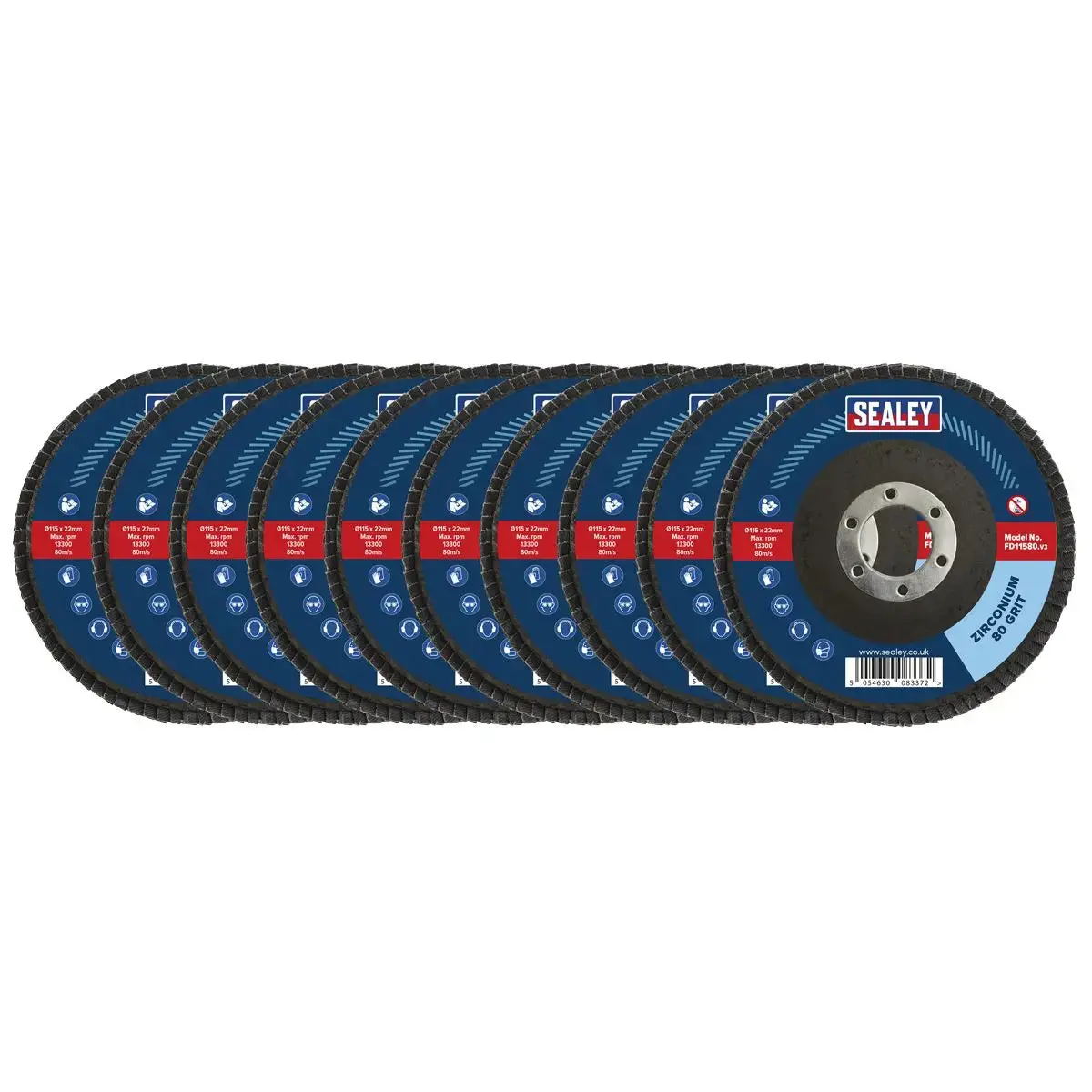Sealey 80Grit Flap Discs Zirconium Ø115mm Ø22mm Bore - Pack Of 10 1