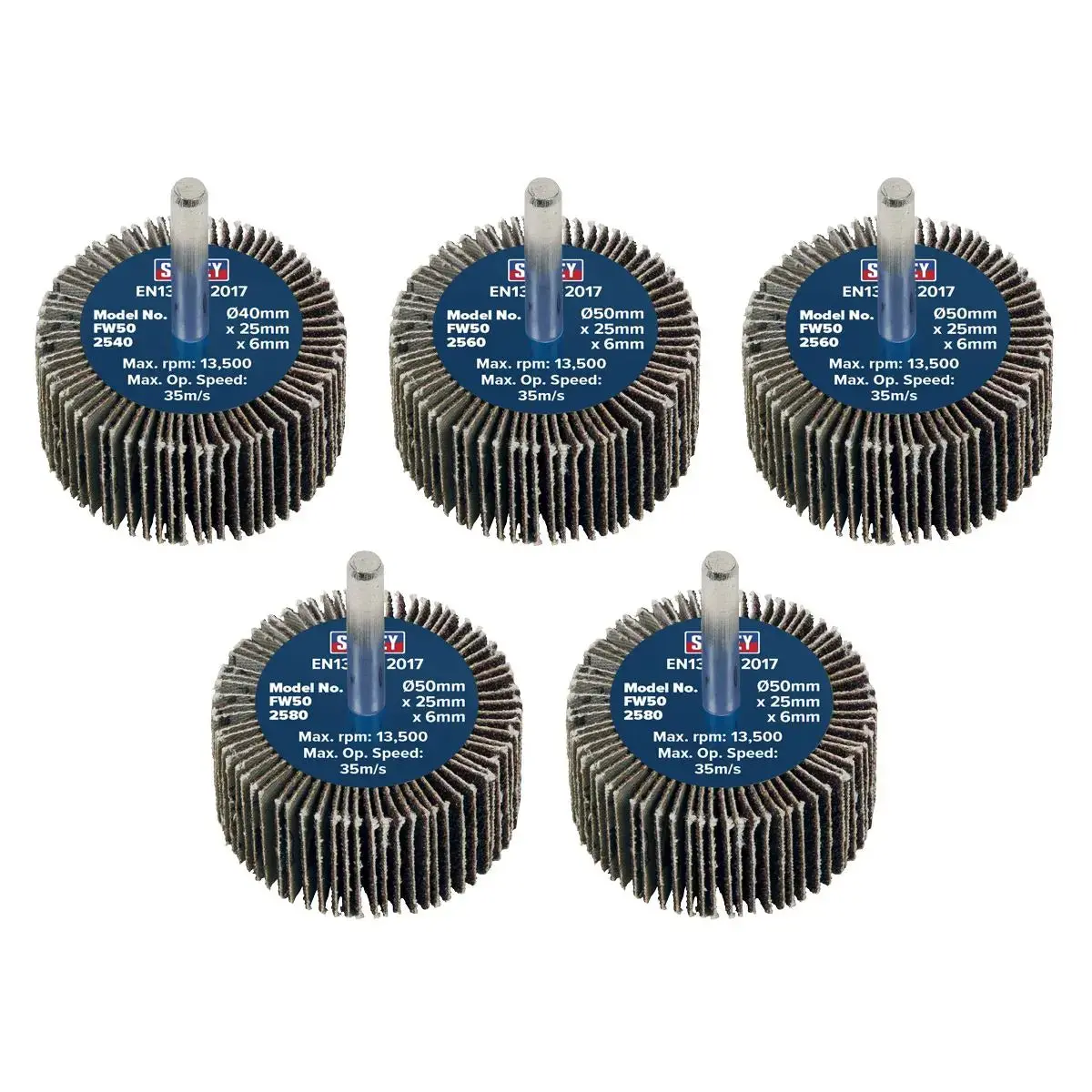 Sealey Abrasive Flap Wheel Ø50 X 25Mm Ø6mm Shaft Assorted Grit - Pack Of 5 1
