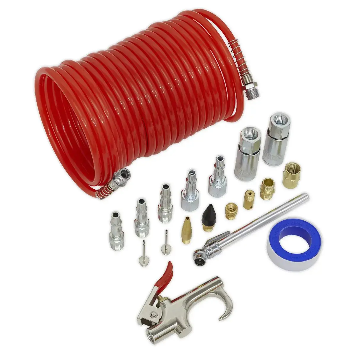 Sealey Air Blow Gun Kit 19 Piece Coiled Air Hose Quick Couplers 1/4" Bsp 1