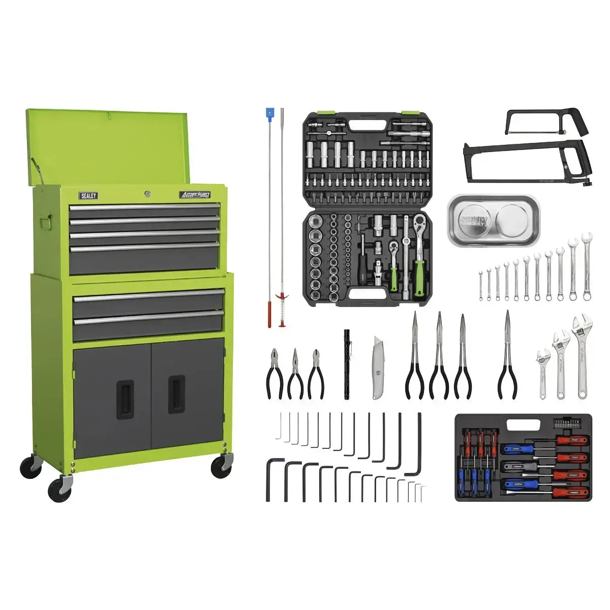 Sealey American Pro 6 Drawer Topchest & Rollcab Combination With Ball-Bearing Slides - Green/Grey & 170Pc Tool Kit 1