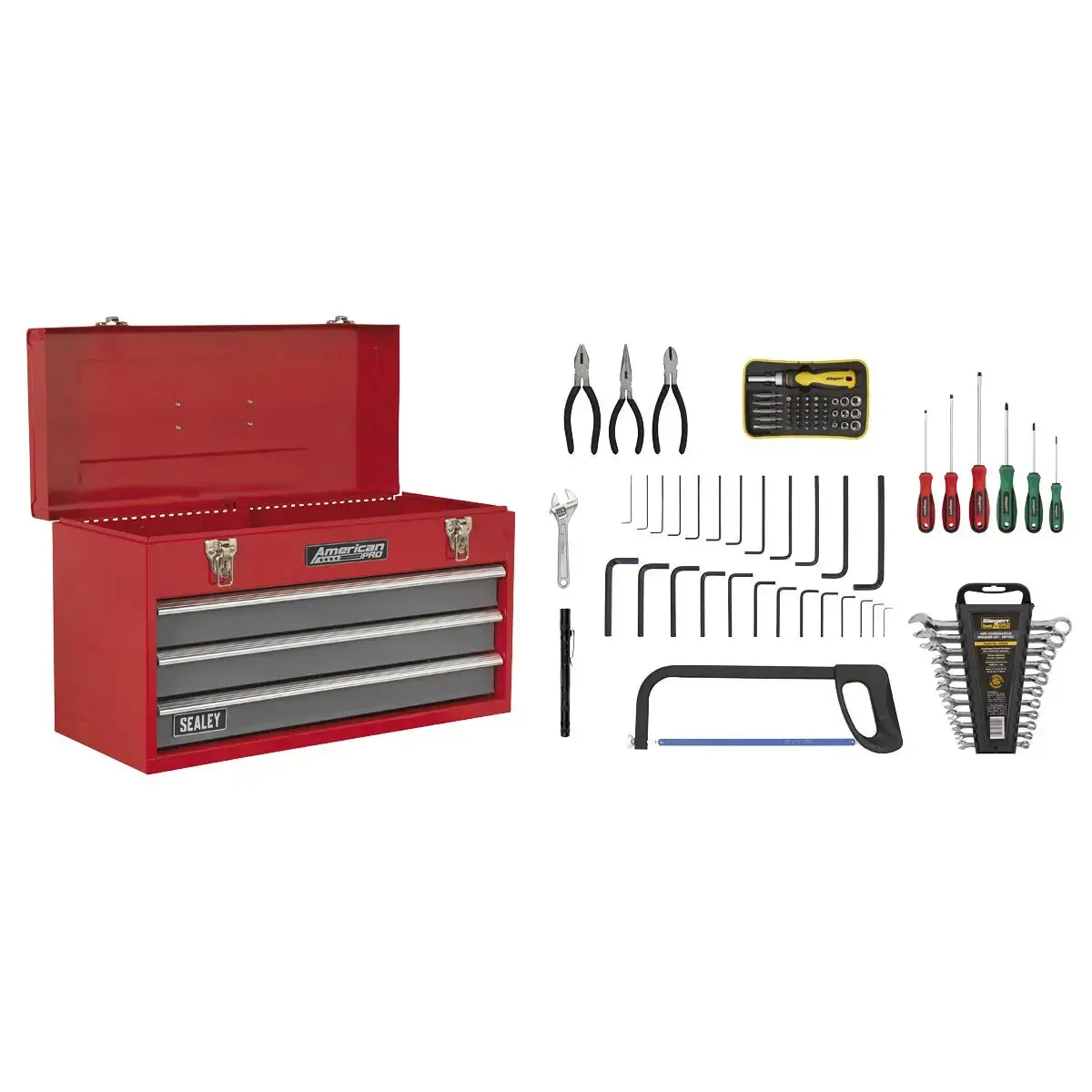 Sealey American Pro Portable Tool Chest 3 Drawer With Ball-Bearing Slides - Red/Grey & 93Pc Tool Kit 1