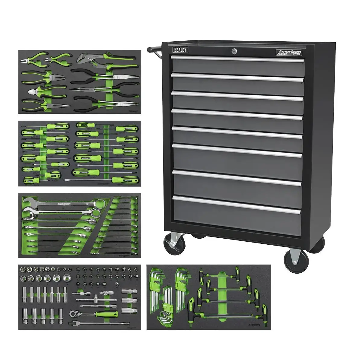 Sealey American Pro Rollcab 8 Drawer With Ball-Bearing Slides - Black/Grey & 302Pc Tool Kit 1