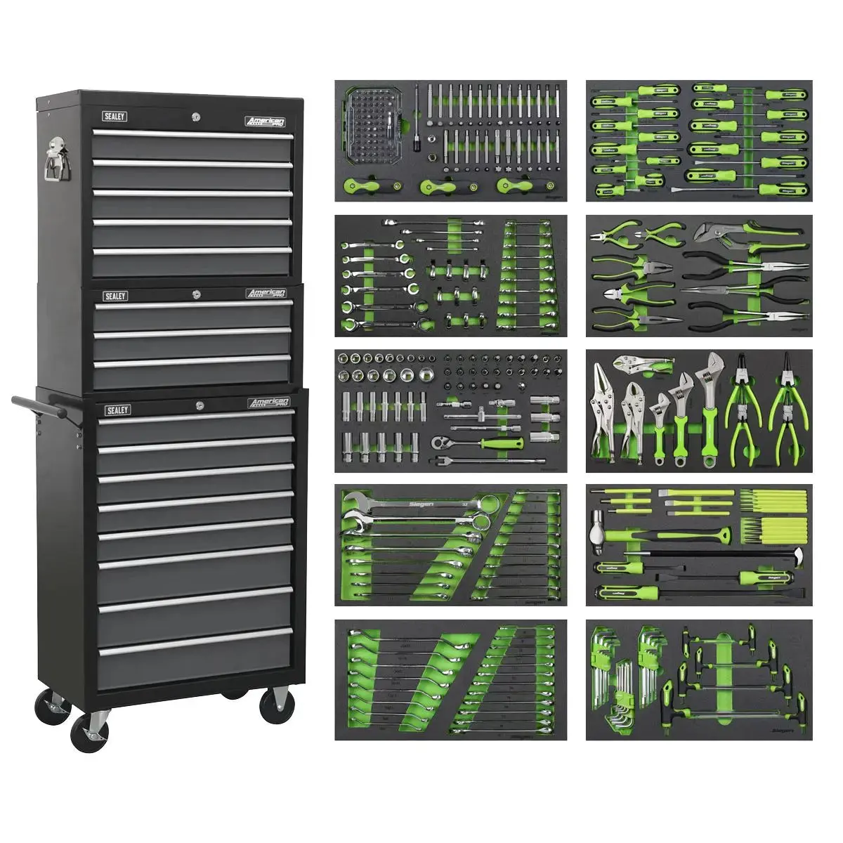 Sealey American Pro Tool Chest Combination 16 Drawer With Ball-Bearing Slides - Black/Grey & 468Pc Tool Kit 1