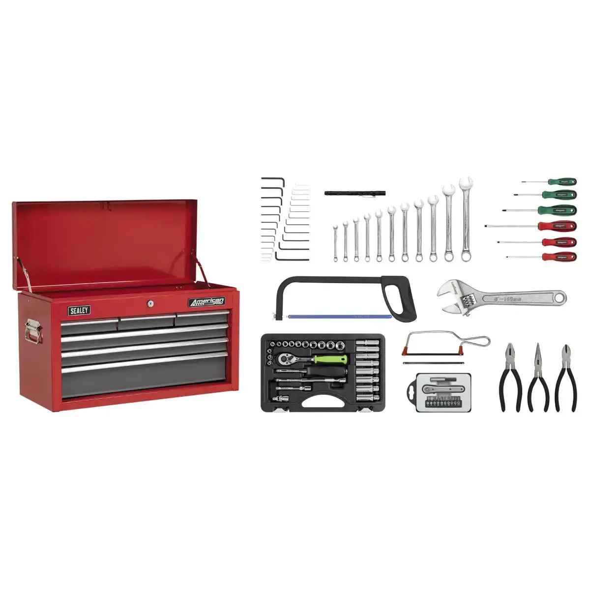 Sealey American Pro Topchest 6 Drawer With Ball-Bearing Slides - Red/Grey & 98Pc Tool Kit 1