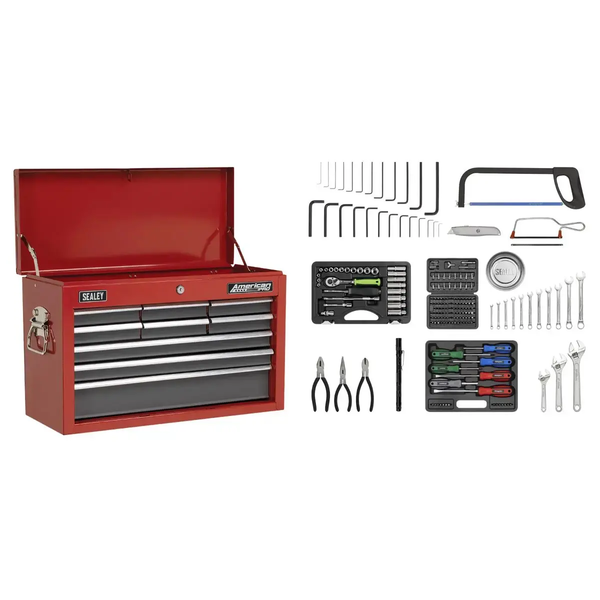 Sealey American Pro Topchest 9 Drawer With Ball-Bearing Slides - Red/Grey & 205Pc Tool Kit 1