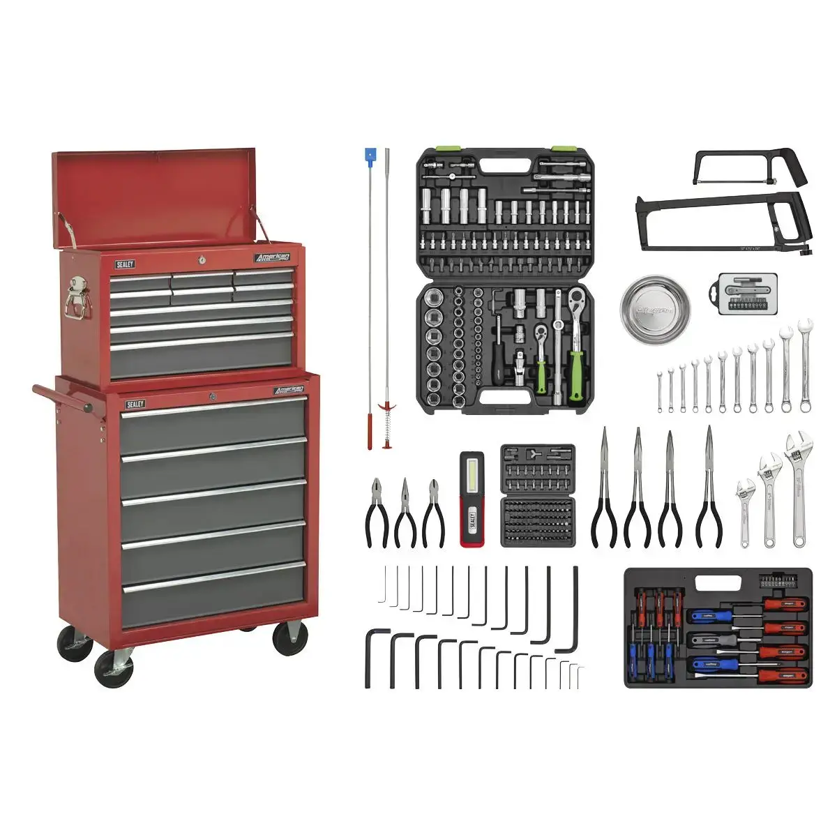 Sealey American Pro Topchest & Rollcab Combination 14 Drawer With Ball-Bearing Slides - Red/Grey & 281Pc Tool Kit 1