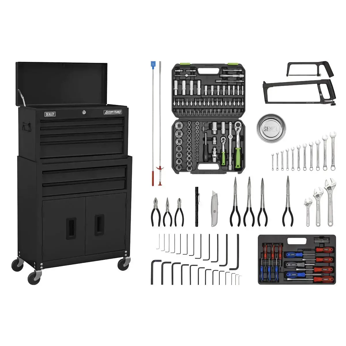 Sealey American Pro Topchest & Rollcab Combination 6 Drawer With Ball-Bearing Slides - Black & 170Pc Tool Kit 1