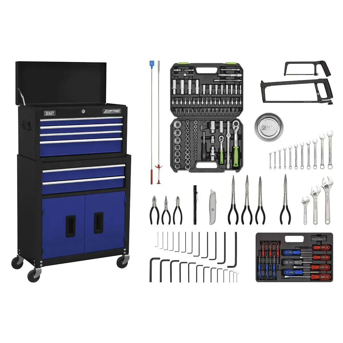 Sealey American Pro Topchest & Rollcab Combination 6 Drawer With Ball-Bearing Slides - Blue/Black & 170Pc Tool Kit 1