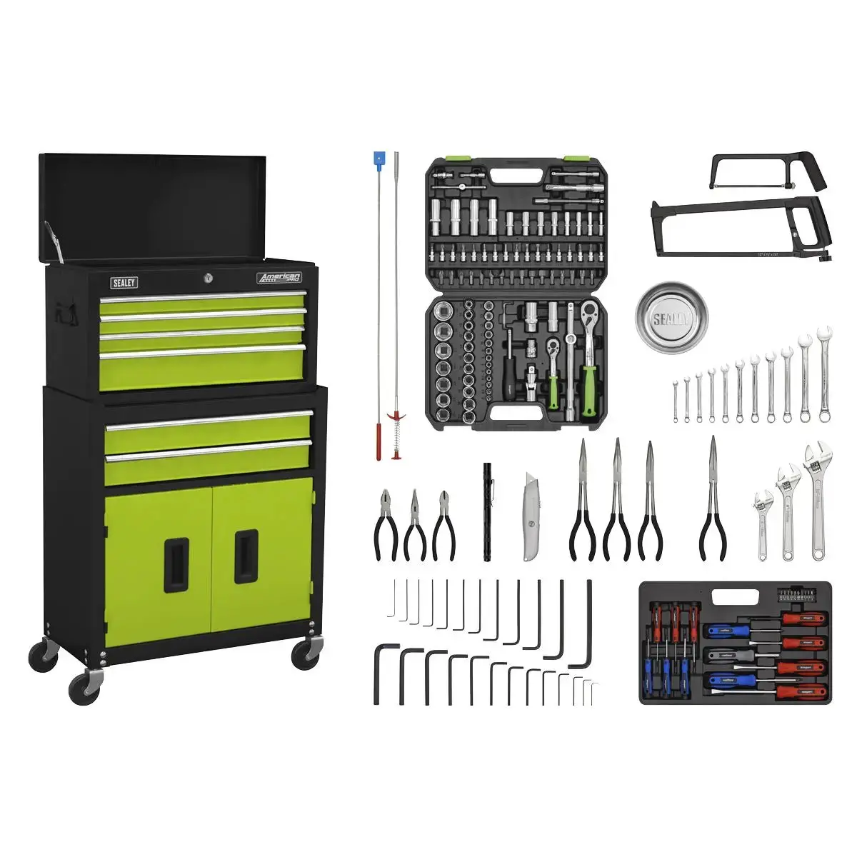 Sealey American Pro Topchest & Rollcab Combination 6 Drawer With Ball-Bearing Slides - Green/Black & 170Pc Tool Kit 1