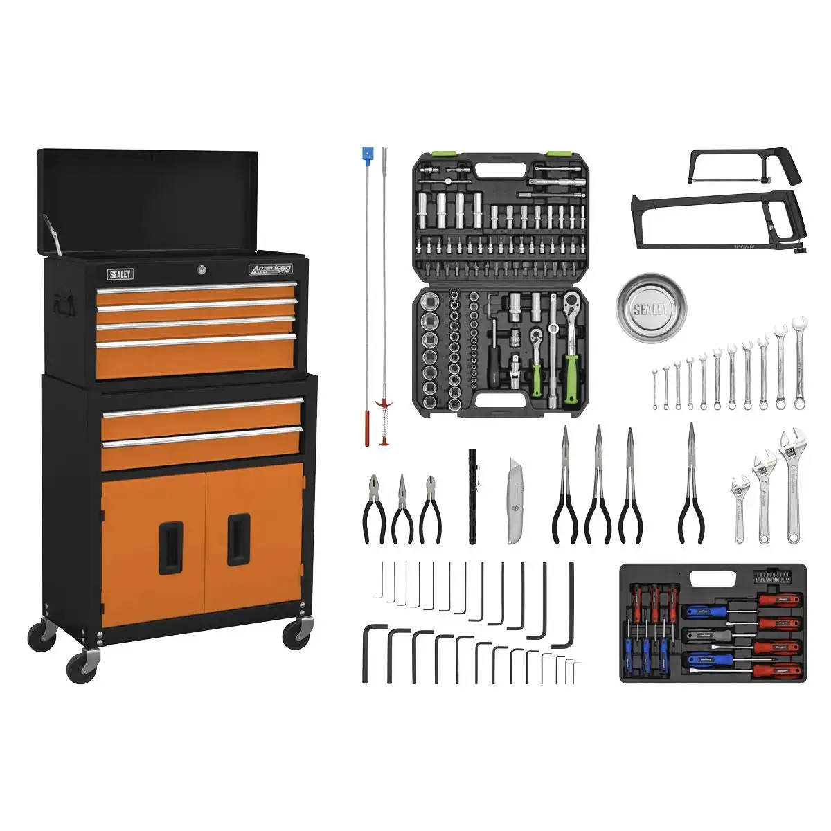 Sealey American Pro Topchest & Rollcab Combination 6 Drawer With Ball-Bearing Slides - Orange/Black & 170Pc Tool Kit 1