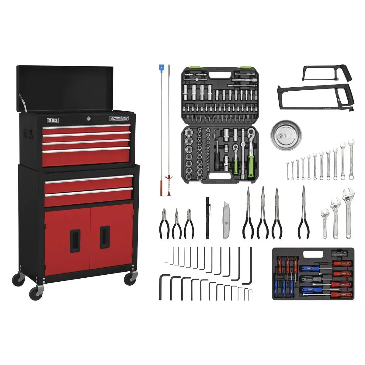 Sealey American Pro Topchest & Rollcab Combination 6 Drawer With Ball-Bearing Slides - Red/Black & 170Pc Tool Kit 1