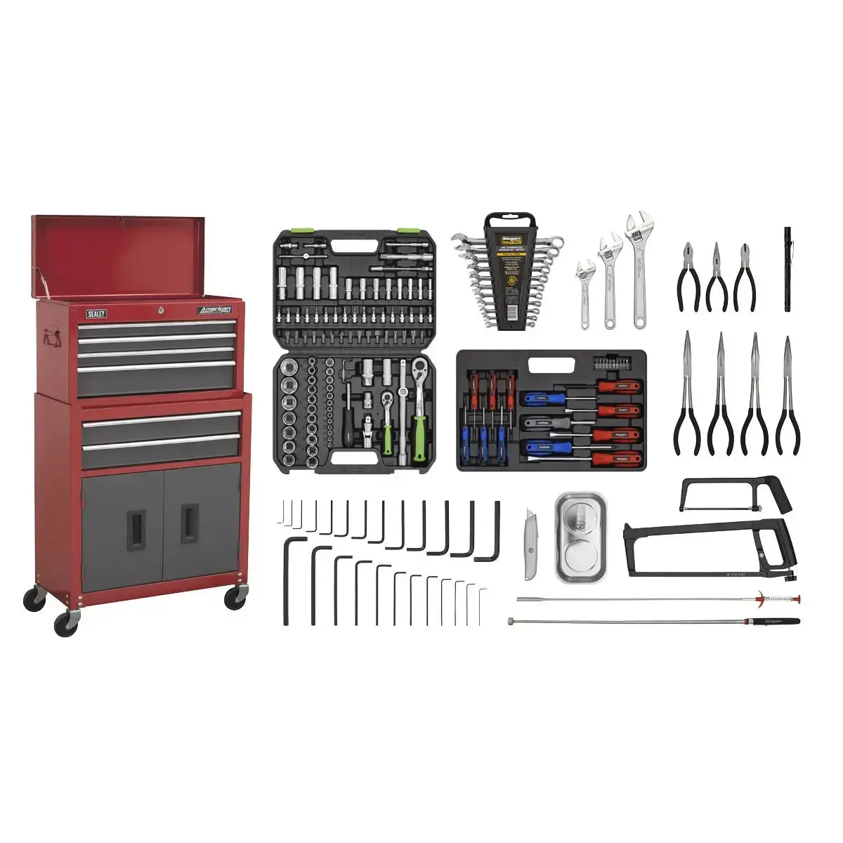 Sealey American Pro Topchest & Rollcab Combination 6 Drawer With Ball-Bearing Slides - Red/Grey & 170Pc Tool Kit 1