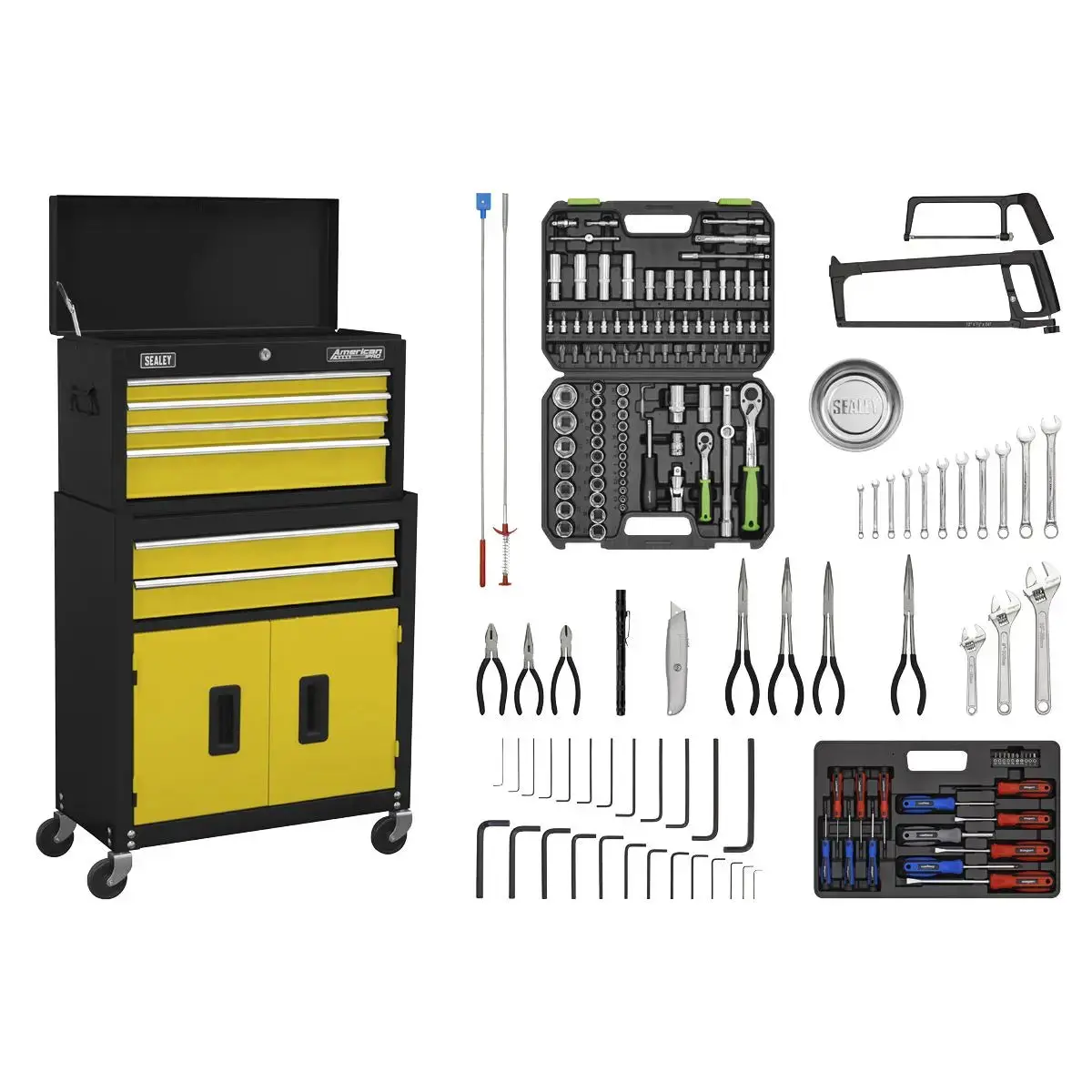 Sealey American Pro Topchest & Rollcab Combination 6 Drawer With Ball-Bearing Slides - Yellow/Black & 170Pc Tool Kit 1