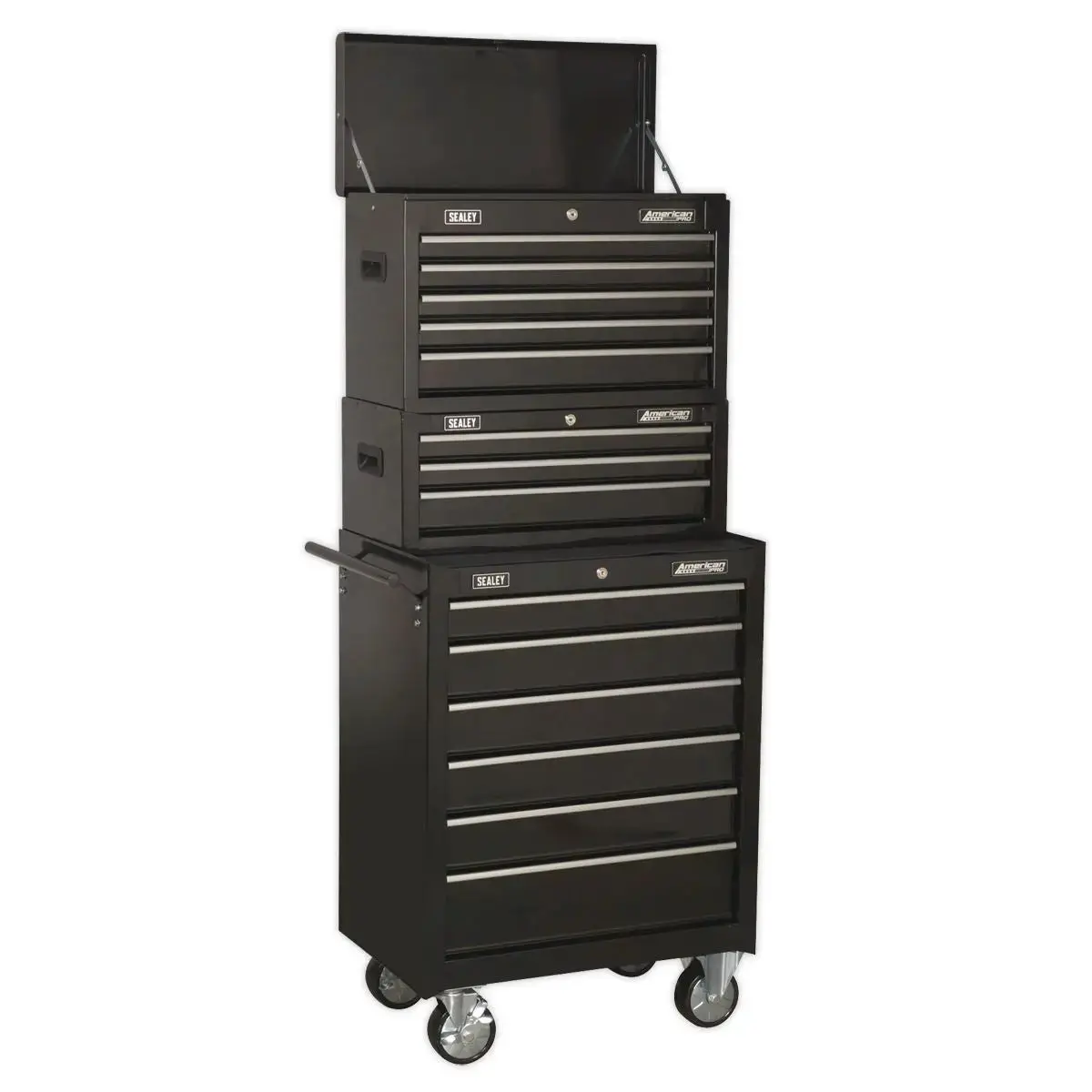 Sealey American Pro Topchest, Mid-Box Tool Chest & Rollcab 14 Drawer Stack - Black 1