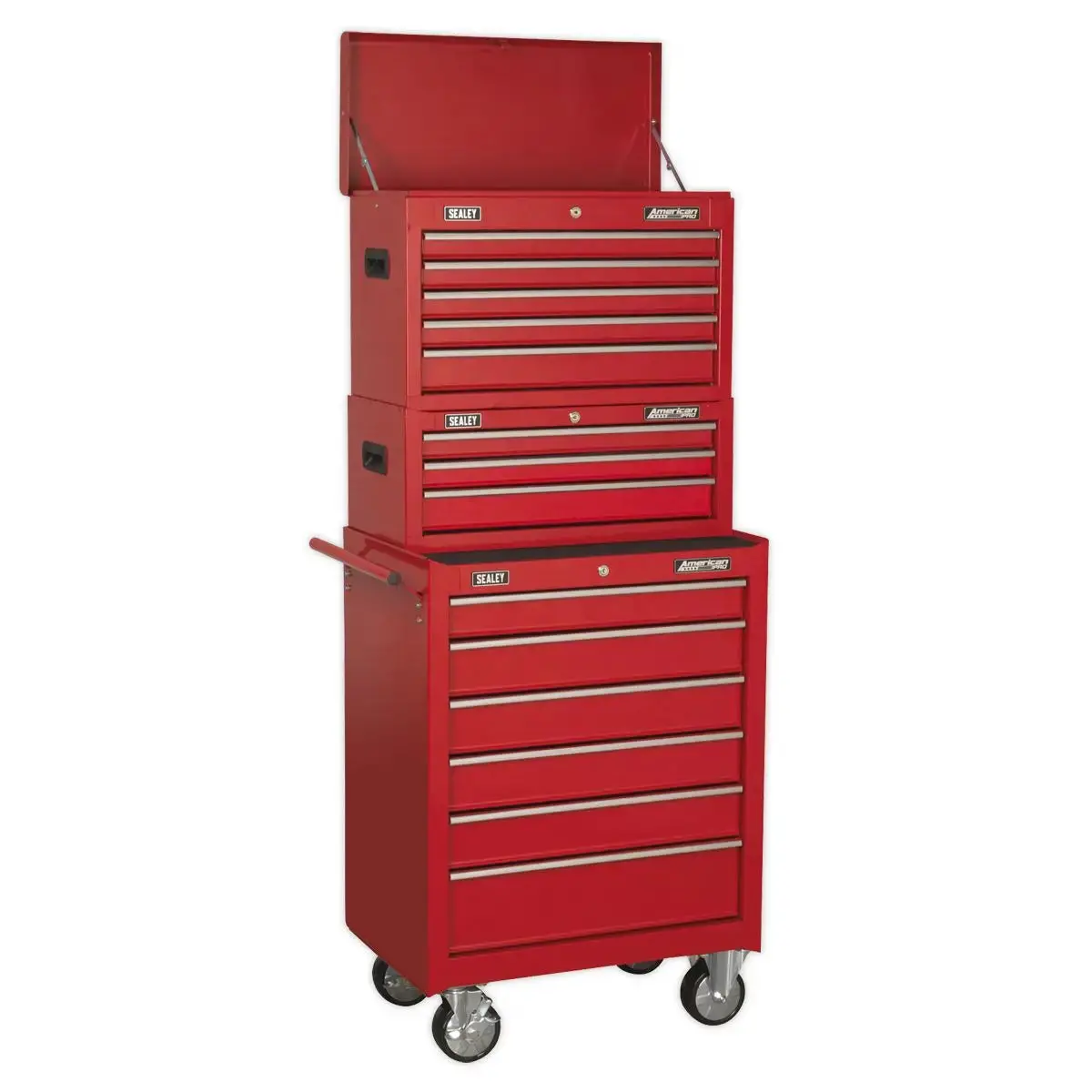 Sealey American Pro Topchest, Mid-Box Tool Chest & Rollcab 14 Drawer Stack - Red 1