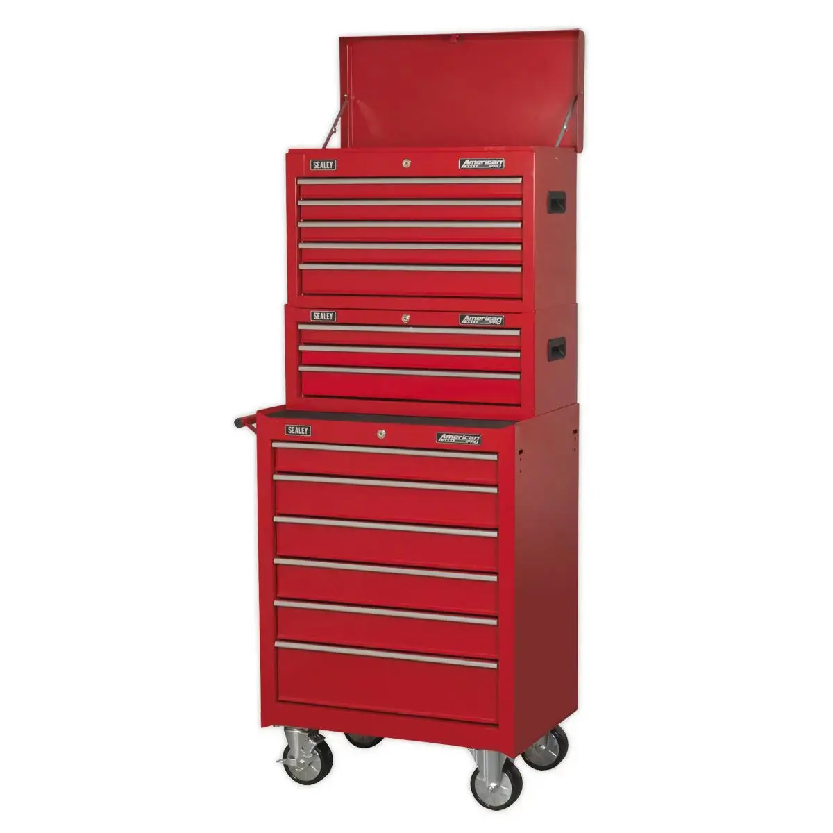 Sealey American Pro Topchest, Mid-Box Tool Chest & Rollcab 14 Drawer Stack - Red 2