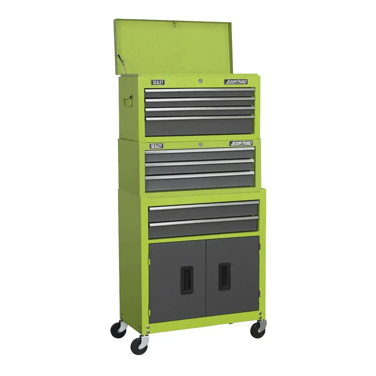 Sealey American Pro Topchest, Mid-Box Tool Chest & Rollcab 9 Drawer Stack - Green 1