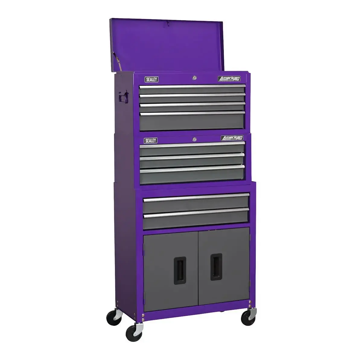 Sealey American Pro Topchest, Mid-Box Tool Chest & Rollcab 9 Drawer Stack - Purple 1