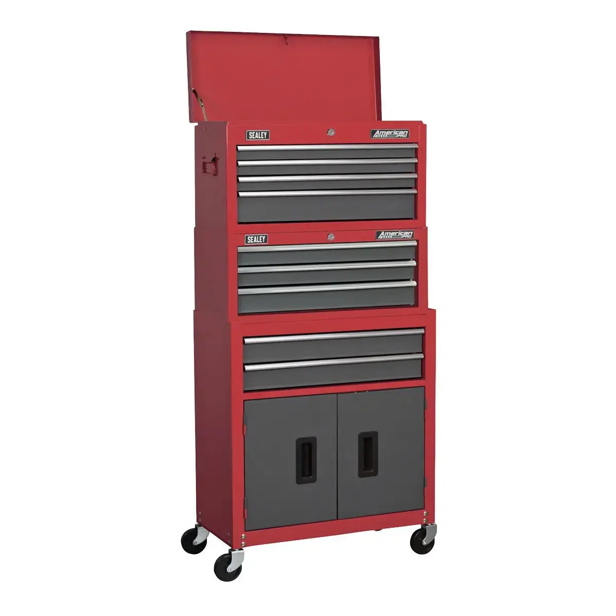 Sealey American Pro Topchest, Mid-Box Tool Chest & Rollcab 9 Drawer Stack - Red 1