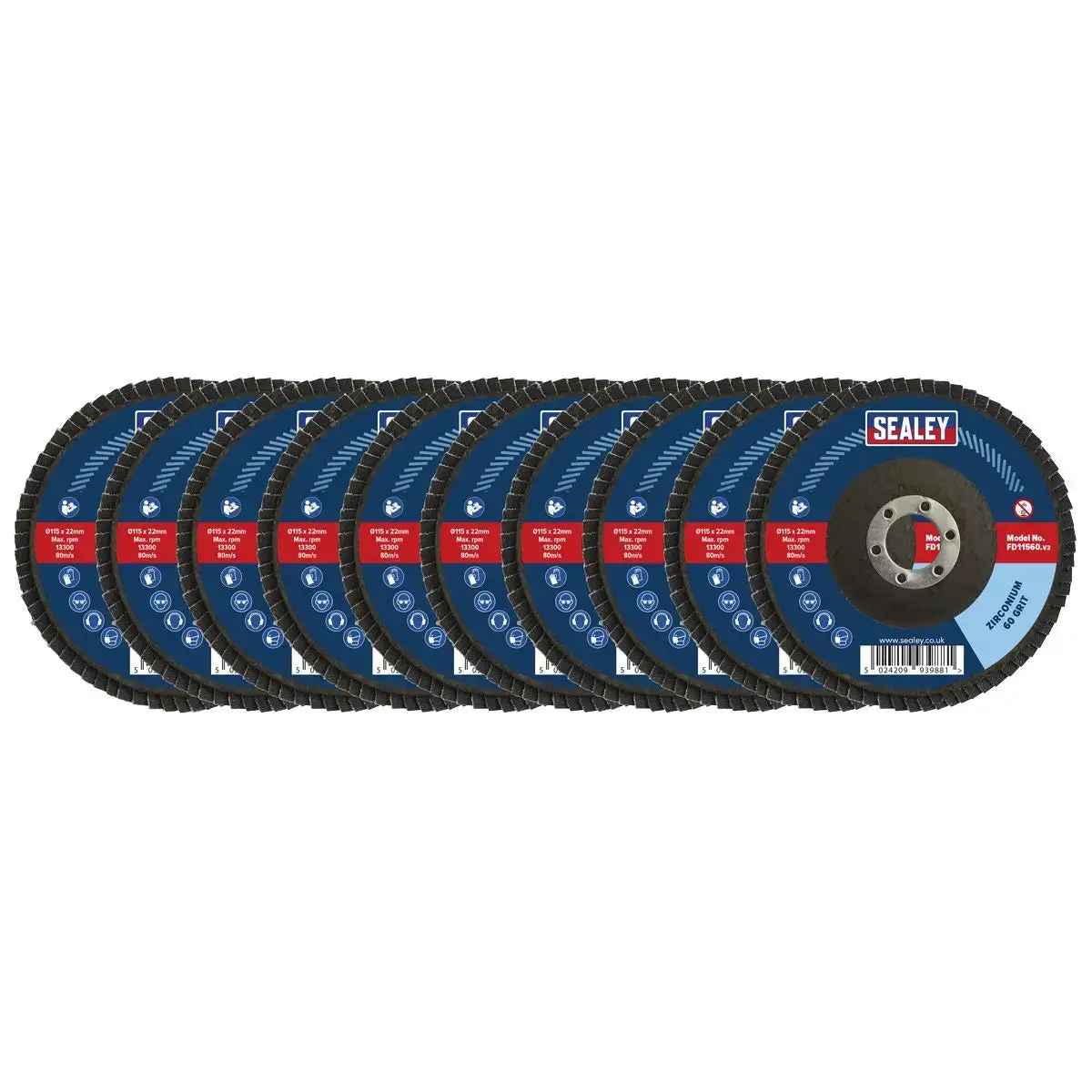 Sealey Assorted Grit Flap Discs Zirconium Ø115mm Ø22mm Bore - Pack Of 10 1