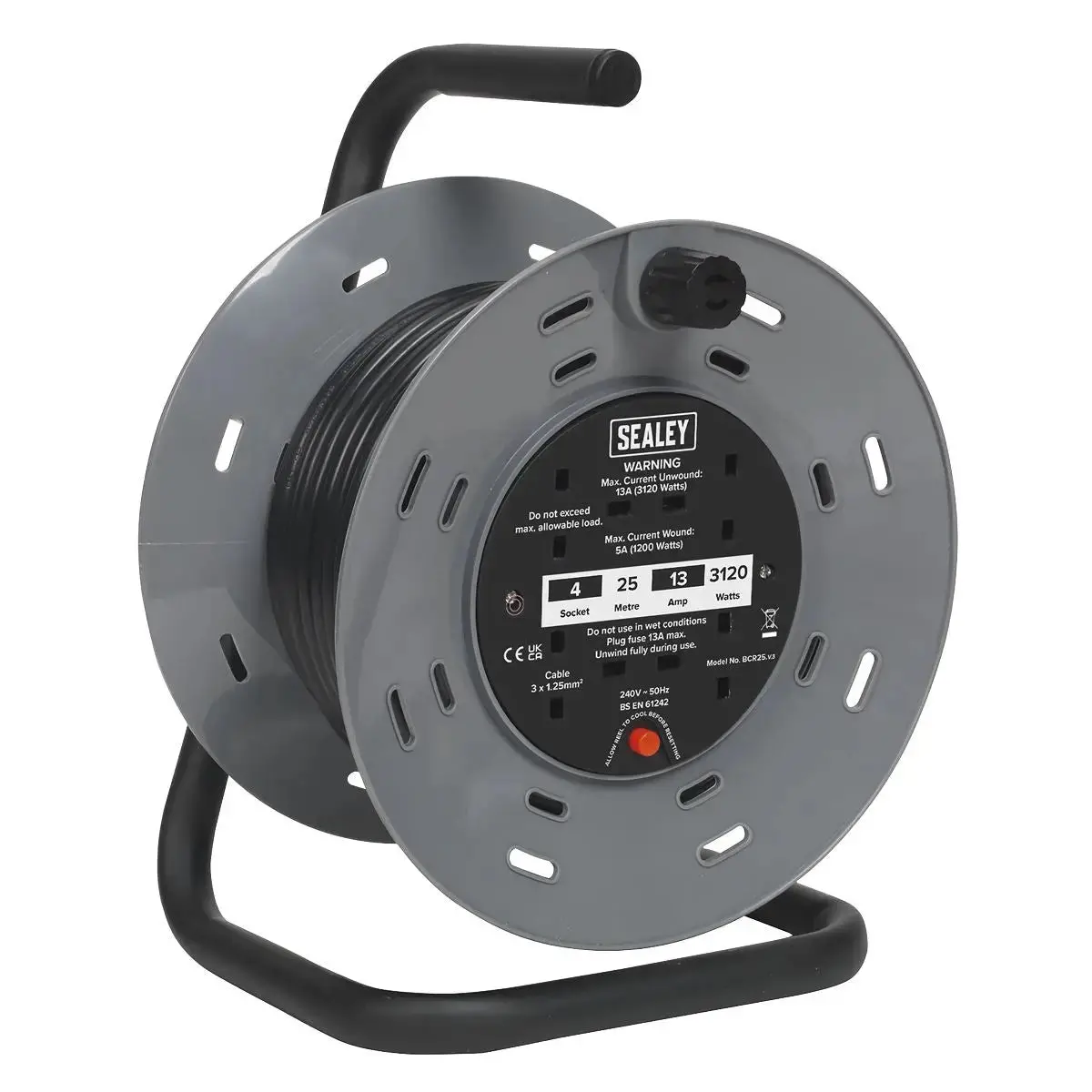 Sealey Cable Reel 25M 4 X 230V 1.25Mm² Thermal Trip 1