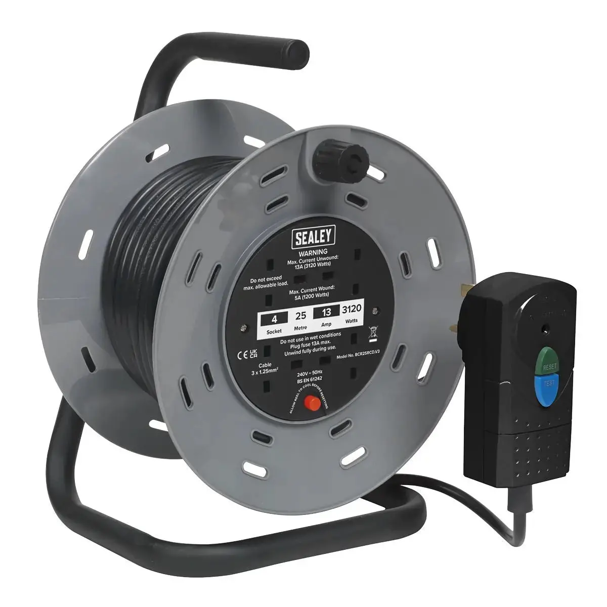 Sealey Cable Reel 25M 4 X 230V 1.25Mm² Thermal Trip With Rcd Plug 1