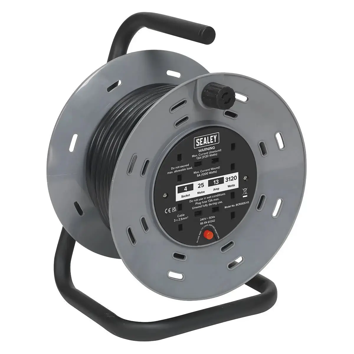 Sealey Cable Reel 25M 4 X 230V 2.5Mm² Thermal Trip 1