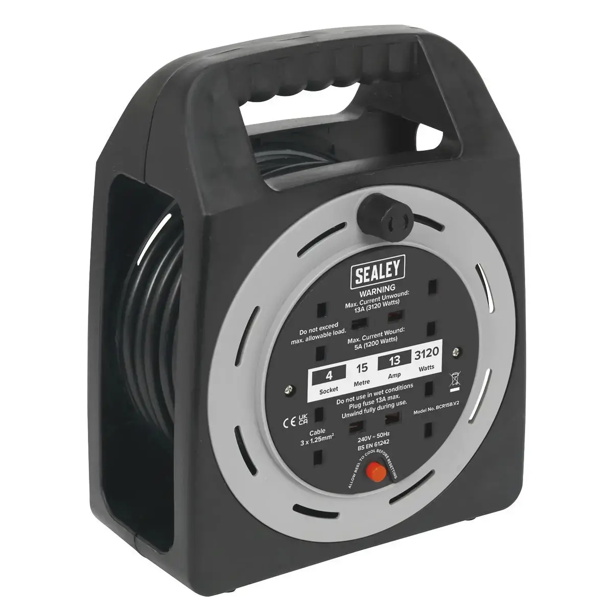 Sealey Cable Reel Box Type 15M 4 X 230V 1.25Mm² Thermal Trip 1
