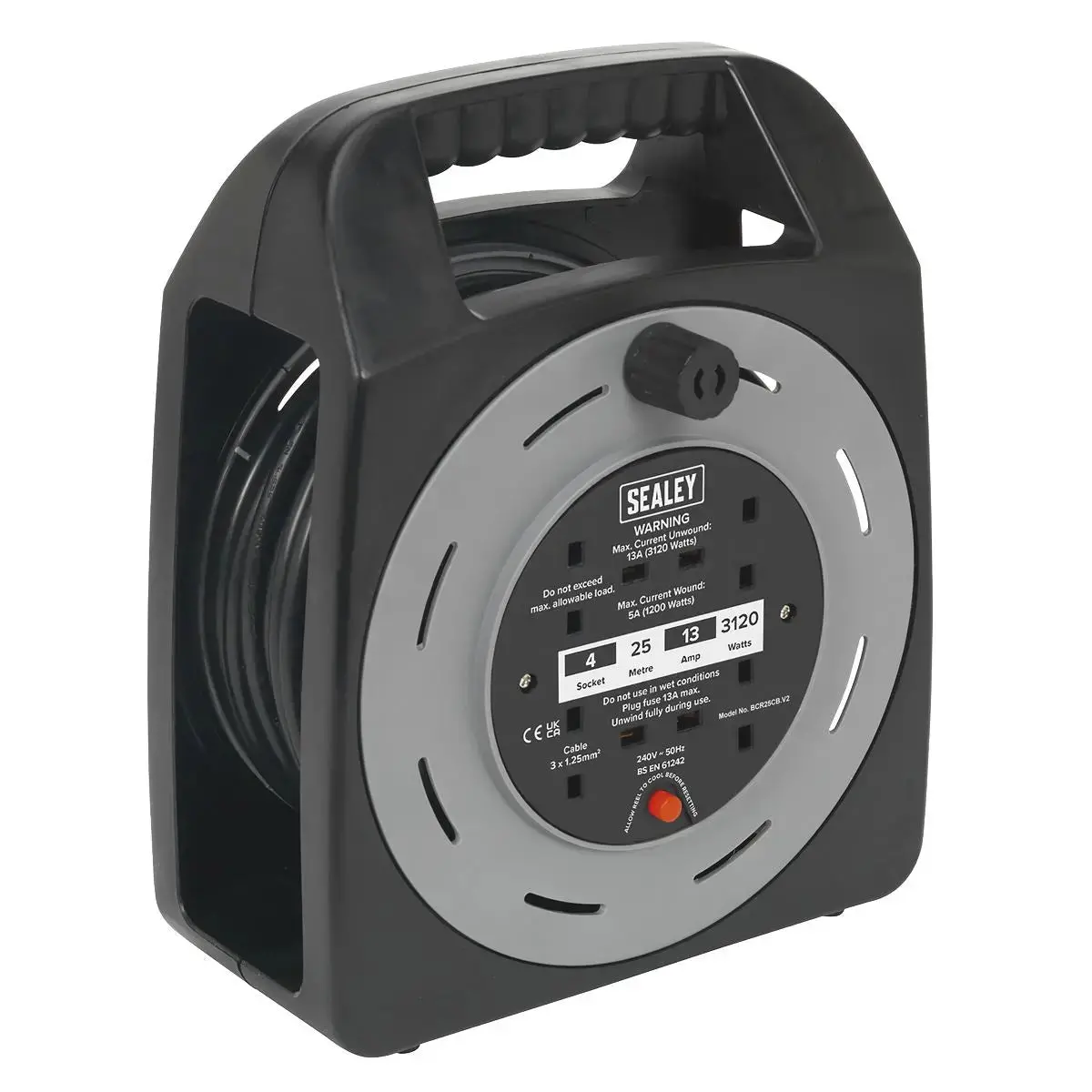 Sealey Cable Reel Box Type 25M 4 X 230V 1.25Mm² Thermal Trip 1