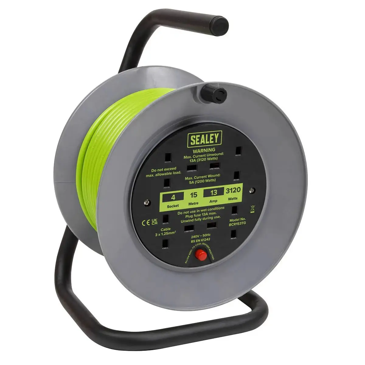 Sealey Cable Reel With Thermal Trip 4 X 230V 15M - Green 1