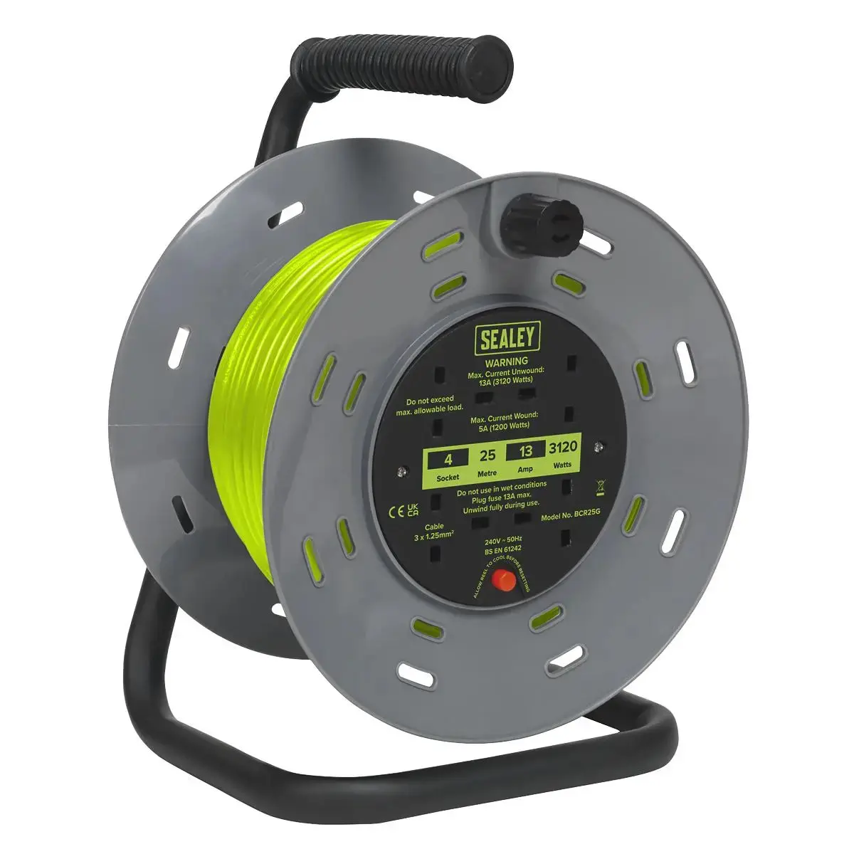 Sealey Cable Reel With Thermal Trip 4 X 230V Sockets 25M - Green 1
