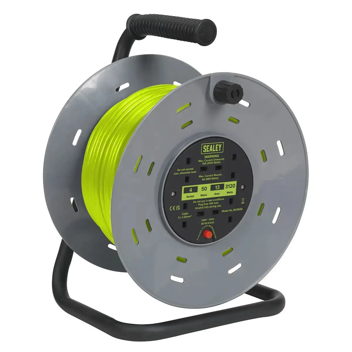 Sealey Cable Reel With Thermal Trip 4 X 230V Sockets 50M - Green 1