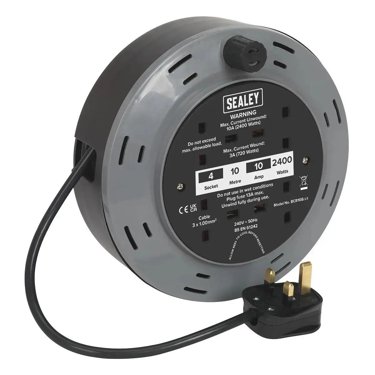 Sealey Cassette Type Cable Reel 10M 4 X 230V 1.00Mm² Thermal Trip 1