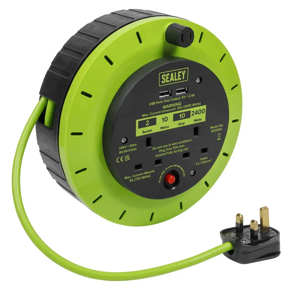 Sealey Cassette Type Cable Reel Green With Thermal Trip 2 X 230V And 2 X Usb 10M 1