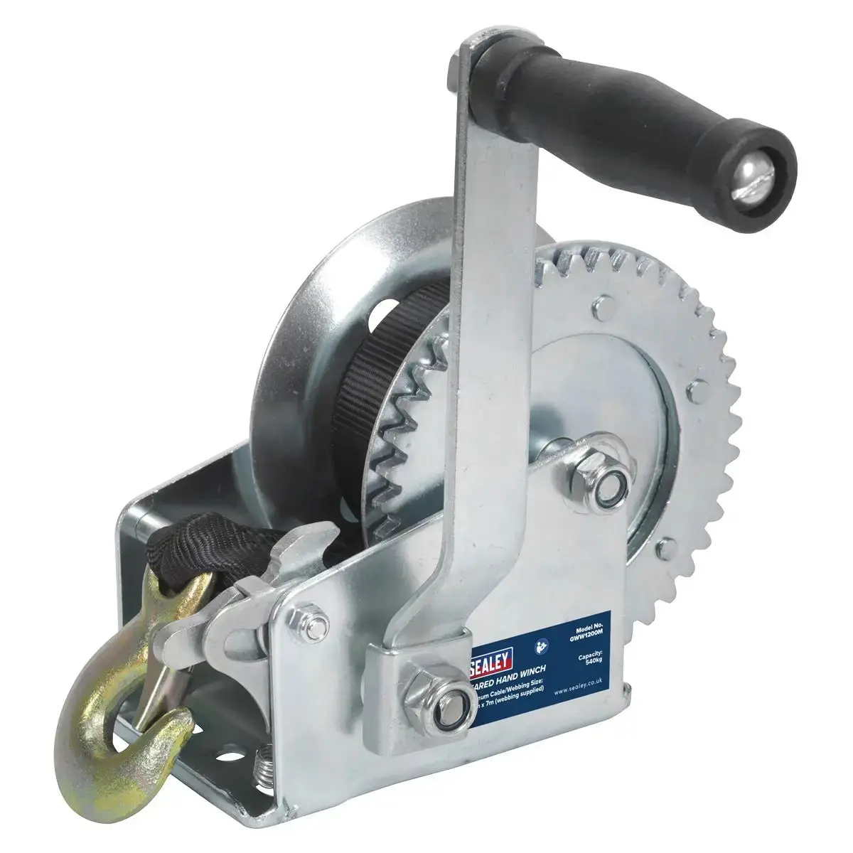 Sealey Geared Hand Winch 540Kg Capacity With Webbing Strap 1