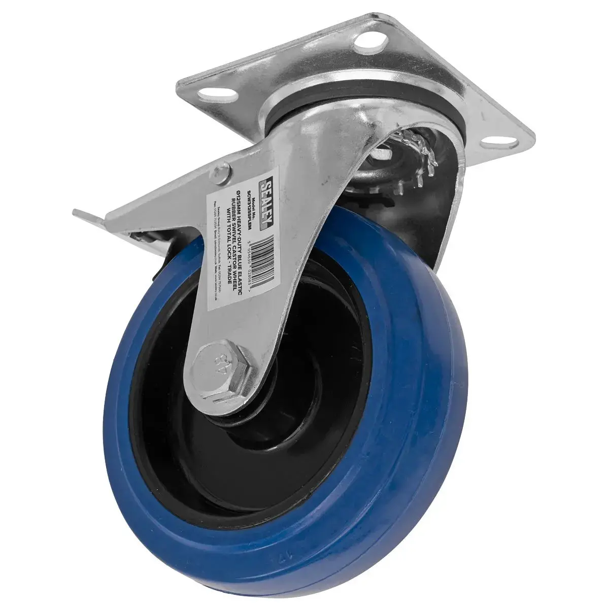 Sealey Heavy-Duty Blue Elastic Rubber Swivel Castor Wheel With Total Lock Ø125mm - Trade 1