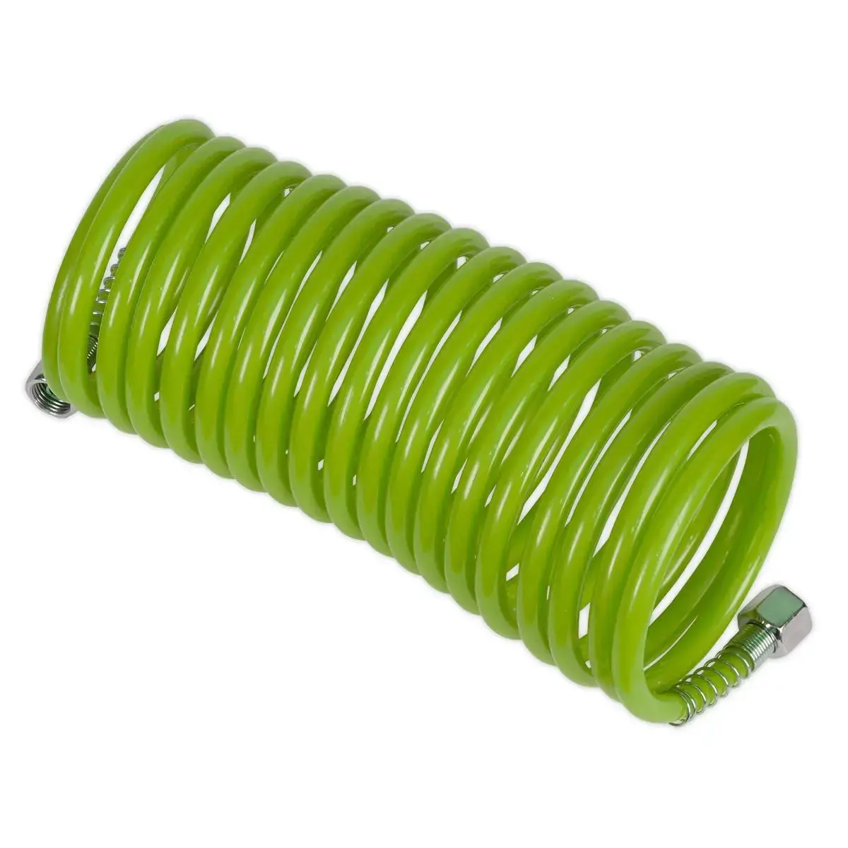 Sealey Hi-Vis Green 5M X Ø5mm Coiled Air Hose With 1/4" Female Couplers Recoil 1